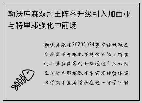 勒沃库森双冠王阵容升级引入加西亚与特里耶强化中前场