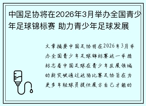 中国足协将在2026年3月举办全国青少年足球锦标赛 助力青少年足球发展 中国足协将在2026年3月举办全国青少年足球锦标赛 助力青少年足球发展